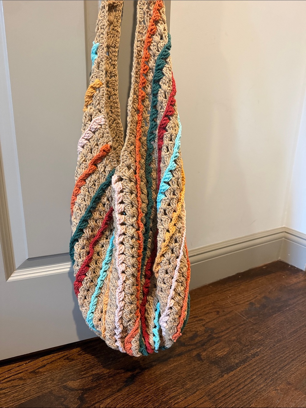 Handcrafted Crochet Tote Bag in Beige with Multicolor Stripes
